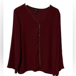 Maroon LIZ CLAIBORNE Blouse Womens XL Long Sleeve V-neck W/Silver Bling